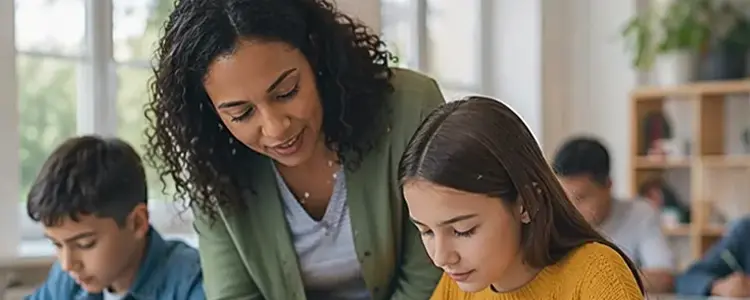 Tutor helping a student with schoolwork in a classroom setting