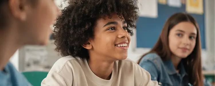 Two students smiling and engaged in a classroom discussion