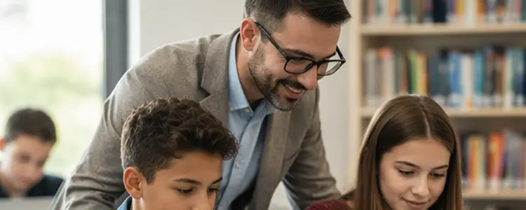 Tutor assisting students with schoolwork in a library setting