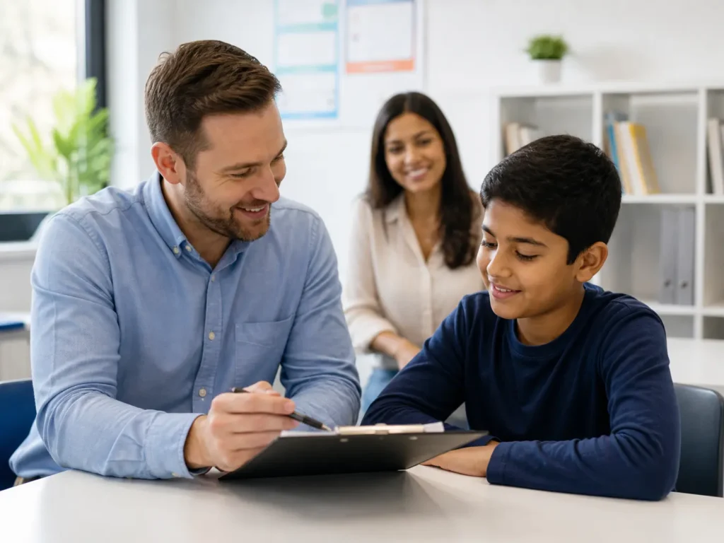 Tutor helping a student with schoolwork in a bright classroom